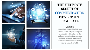 Template with four technology themed images and bold text about communication on the right.
