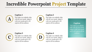 Project PPT template with alphabet labeled captions and a highlighted section.
