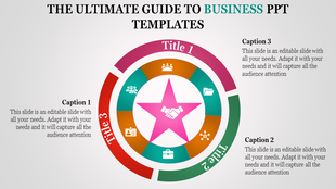 Business slide with a circular infographic divided into three sections, featuring icons and captions around a central symbol.