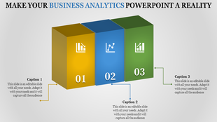 Three vertical blocks in yellow, blue, and green, each with numbers and business analytics icons on a light background.