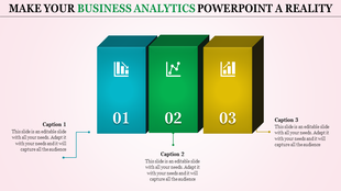 Three colorful blocks labeled 01, 02, and 03, showcasing business analytics icons on a gradient background with captions.