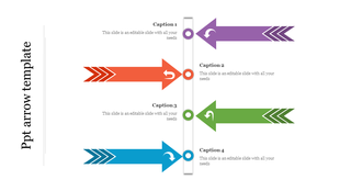 Slide featuring purple, red, green, and blue arrows aligned to a vertical line with captions.