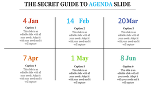 Agenda template with six square sections, each featuring a colored date and description, topped by a bold header.