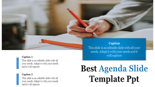 Close up of a hand holding a pen over an open notebook with a blue agenda slide template overlay.