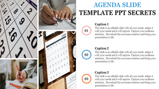 Agenda slide featuring three numbered captions alongside images of calendars and note taking activities.