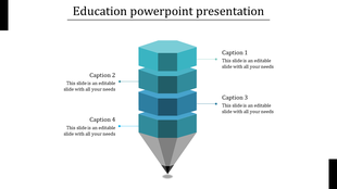 Education themed slide with a segmented inverted pyramid design, including four blue layers and captions areas.