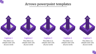 Five purple upward arrows numbered 01 to 05, each inside a square base with captions below on a white background.