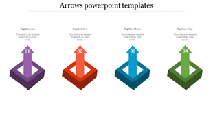 Arrow PowerPoint template featuring four numbered upward pointing arrows in purple, red, blue, and green blocks.