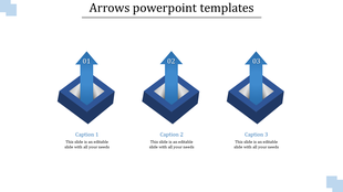 Three blue upward arrows numbered 01 to 03, each inside a square base with captions below, on a white background.