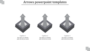 Three gray upward arrows numbered 01 to 03, each inside a square base with captions below, on a white background.