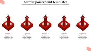 3D infographic featuring five upward red arrows numbered 01 to 05, each positioned above a square red base.