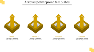 Four gold arrows rising from square bases, numbered 01 to 04, aligned in a row with captions areas beneath.