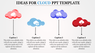 Four cloud icons in red, blue, purple, and red with different symbols inside, each connected to a caption areas.