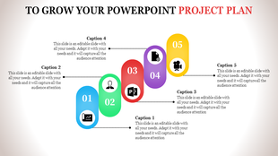 Colorful PPT slide depicting a project plan with five numbered steps connected by dotted lines and descriptive captions.