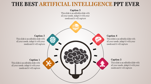 AI PowerPoint slide with a brain icon inside a light bulb, surrounded by colorful icons and captions with placeholder text.
