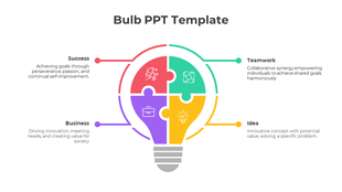 A bulb shaped infographic with four puzzle pieces labeled Success, Teamwork, Business, and Idea, each with descriptive text.