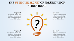 A creative slide design featuring a lightbulb with a question mark and captions around it.