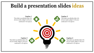 A lightbulb slide with a central target and four green icons symbolizing ideas, surrounded by captions.