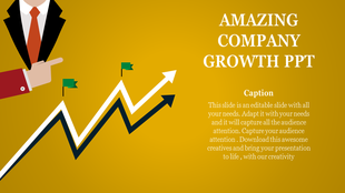 Business growth concept slide showing a suit clad executive pointing to an upward graph with flags on a yellow background.