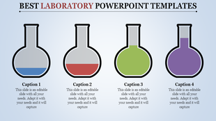 Laboratory themed PowerPoint slide featuring four flasks with different colored liquids and captions.