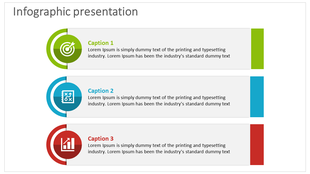 Infographic slide featuring three colorful sections with captions and relevant icons.
