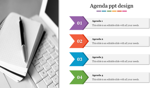 Agenda PPT slide featuring four colorful numbered banners paired with a grayscale image of a notebook and laptop.