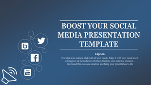 PowerPoint template for social media presentation featuring social media icons like Facebook, Twitter, YouTube, and more.
