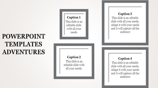 Creative PowerPoint slide featuring four gray frames with captions and placeholder text.