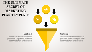 Marketing plan PPT template with a yellow funnel design and icons representing communication, networking, and strategy.