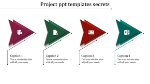 Four arrow shapes in maroon, green, red, and teal, each featuring an icon and a caption below.