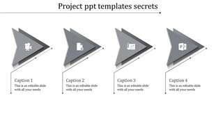 Gray slide with four triangular shapes arranged in a row, each featuring white icons and captions below.