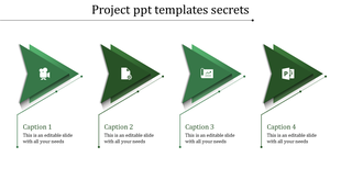Green slide with four triangular shapes arranged in a row, each featuring white icons and captions below.