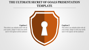 Goals presentation template with a shield icon featuring a keyhole and two captions.