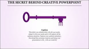 Creative PowerPoint template featuring a bold purple key icon and caption.