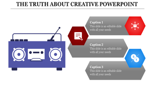 Creative PowerPoint slide featuring a retro style radio icon with three colorful hexagonal sections for captions.