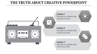 Minimalist grayscale PowerPoint slide with a retro radio illustration and three hexagonal content sections with icons.