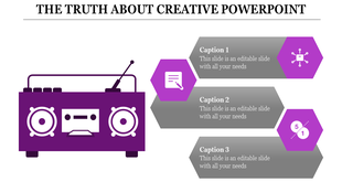 Purple themed PowerPoint slide featuring a radio icon and three captions.