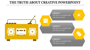 Creative PowerPoint slide featuring a radio illustration and three gray and yellow hexagonal caption boxes with icons.