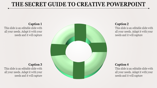 Creative PowerPoint slide featuring a green lifebuoy design with four captions surrounding it.