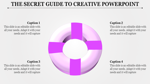 3D purple and pink circular ring centerpiece, with four captions placed symmetrically around on a light background.