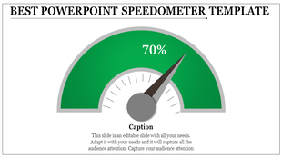 Speedometer design slide with a needle pointing to 70 percent and a caption section.