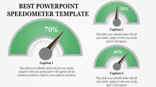 Slide design featuring three green speedometer graphics displaying different progress levels, each paired with a caption.