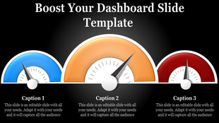 Dashboard PPT slide with three colorful speedometers representing varying performance levels on a black background.