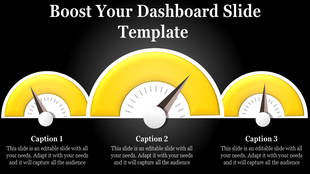 Dashboard PPT slide featuring three yellow speedometer style gauges with captions for data representation on a dark backdrop.
