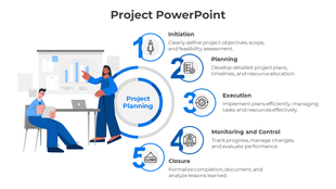 Blue and gray circular diagram with five project phases, alongside two professionals interacting in a workspace.