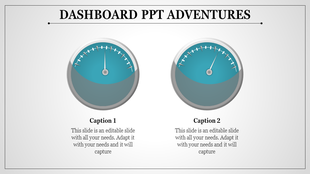 Dashboard PowerPoint slide with two blue speedometer style gauges and two captions.