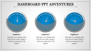 Dashboard PowerPoint template featuring three speedometer graphics labeled with captions.