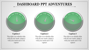Dashboard PowerPoint slide featuring three green speedometer style gauges, each labeled with captions.
