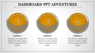 Dashboard themed PowerPoint slide with three gauge meters labeled with captions 1 to 3.