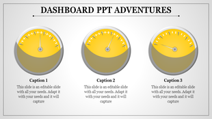 Dashboard PowerPoint slide displaying three yellow speedometer style gauges with captions below.